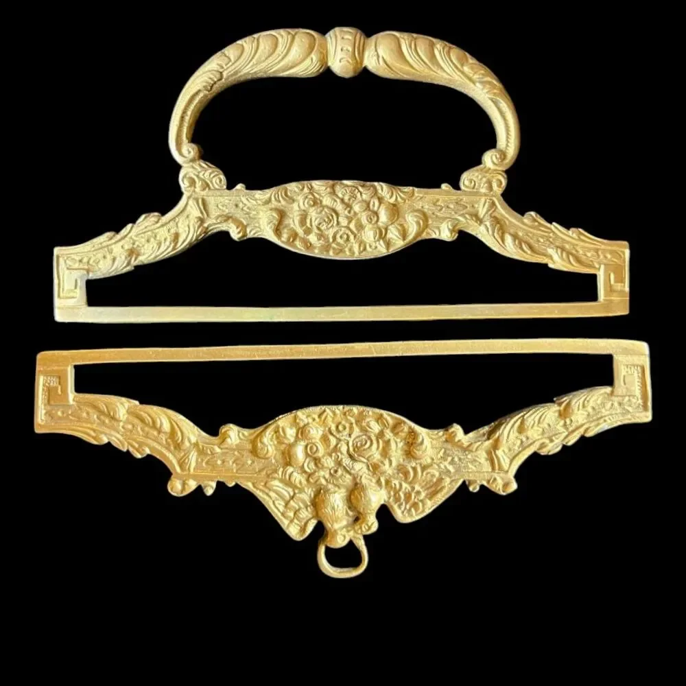 Ornate Brass Metal Tapestry Wall Hanger Set Ends, Floral Bell Pull Fittings